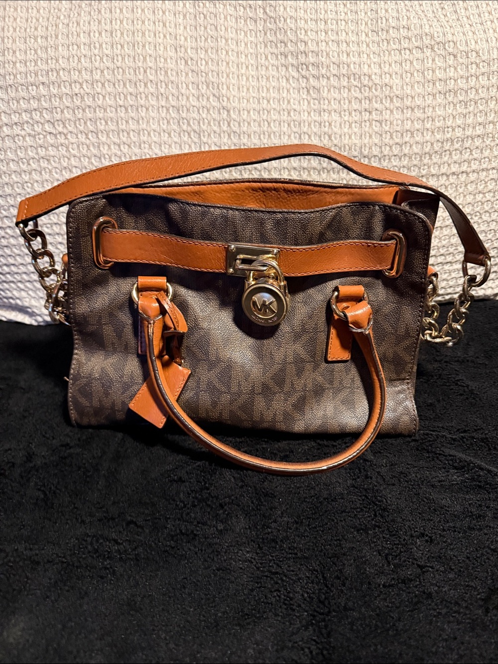 Michael Kors Brown Signature Logo Satchel with Tan Trim and Gold Hardware